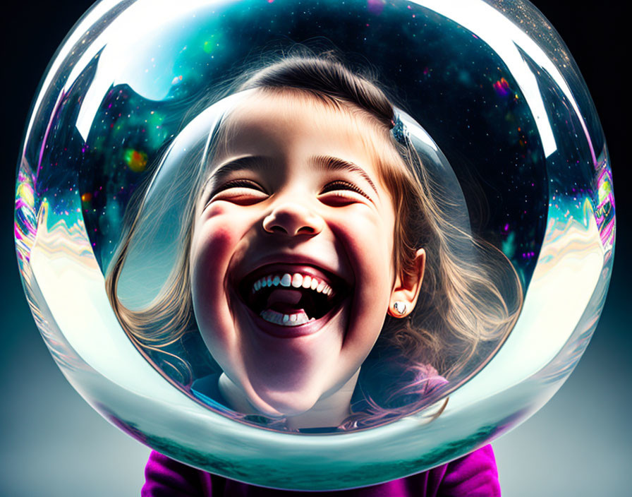 Smiling girl in iridescent cosmic bubble