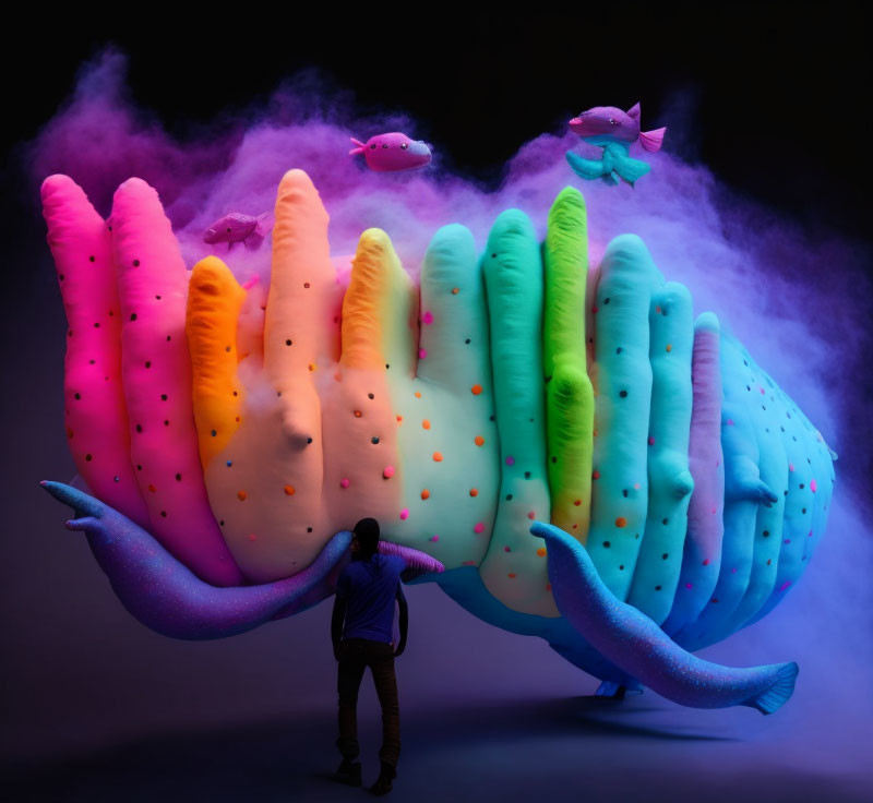 Colorful surreal sea creature sculpture under purple lighting with floating fish.