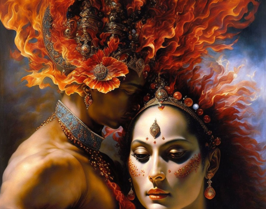 Detailed Fantasy Painting: Two Characters with Elaborate Headpieces and Fiery Designs