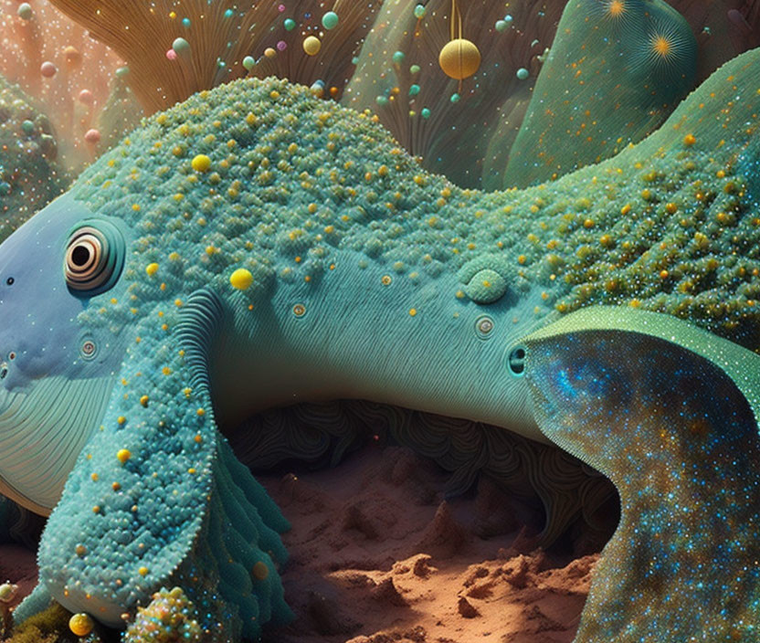 Colorful surreal chameleon surrounded by abstract bubbles