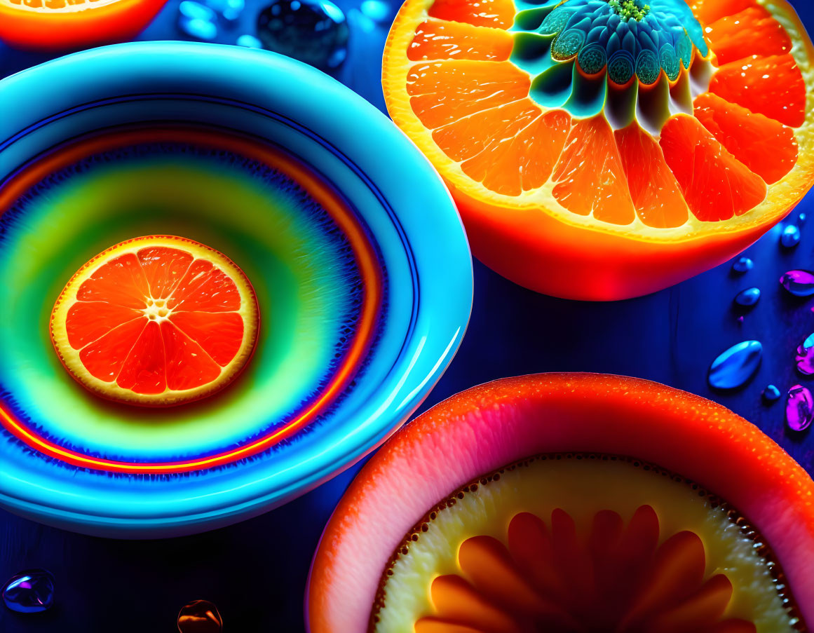 Vibrant sliced citrus fruits on neon plates with dramatic lighting