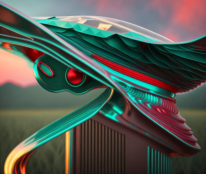 Colorful 3D-rendered object with feather-like textures on sunset backdrop