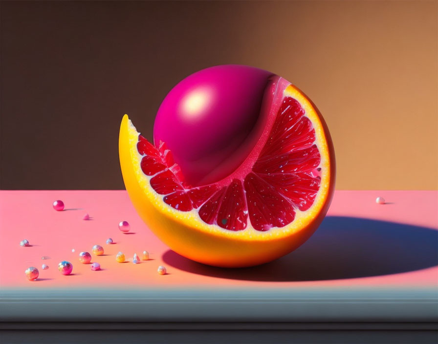 Colorful digital artwork of sliced orange with pink sphere and water droplets