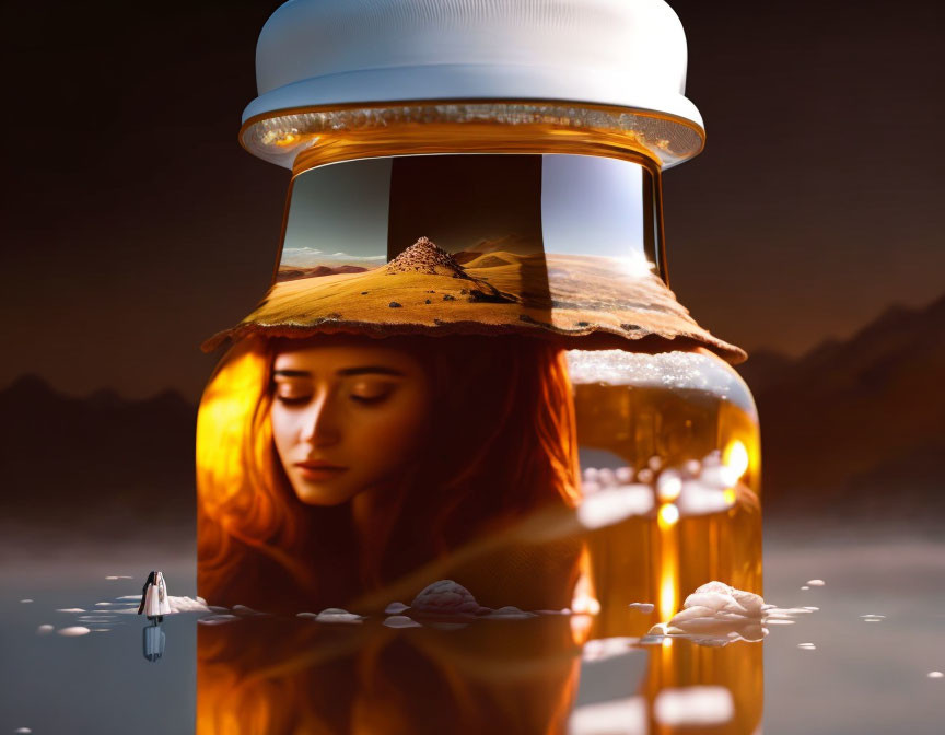 Surreal image: woman's face in bottle on water with desert and pyramids.