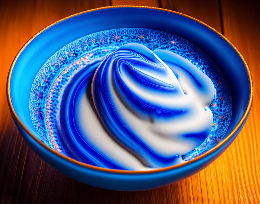 Blue and White Patterned Ceramic Bowl with Creamy Swirl on Wooden Background