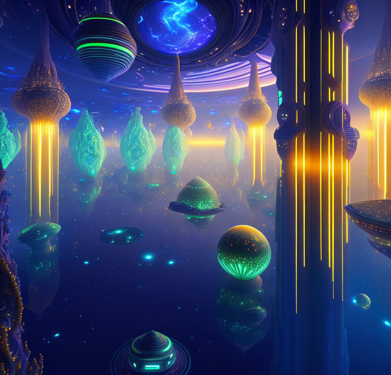 Vibrant futuristic cityscape with glowing structures and floating orbs