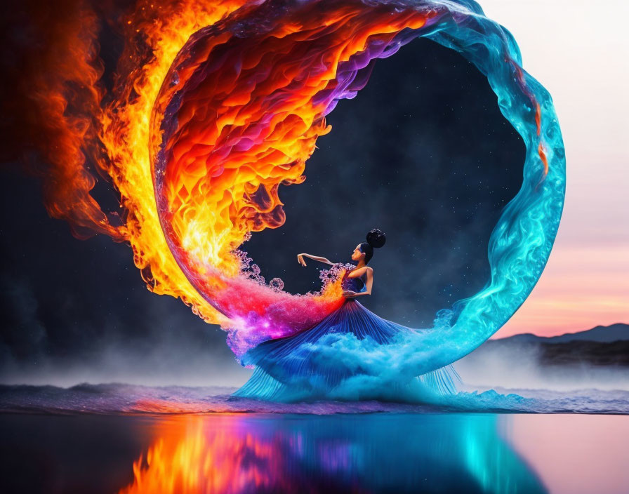 Surreal image: Woman in blue dress, ring of flames & ocean wave in twilight sky