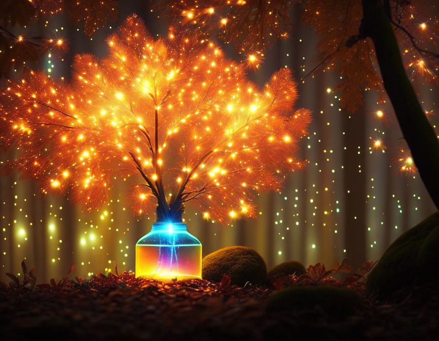 Glowing tree with radiant branches in colorful glass jar in mystical forest