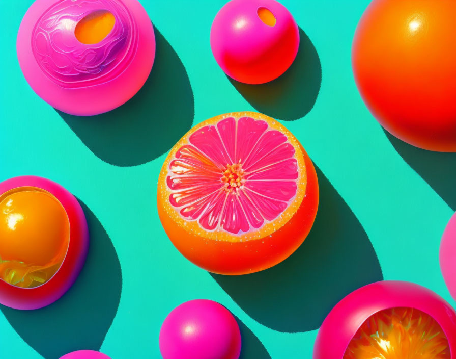 Colorful Spheres and Citrus Cross-Section on Teal Background