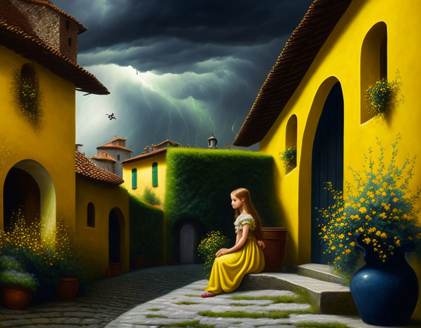 Girl sitting on steps in quaint village under stormy sky with lightning and flowers.