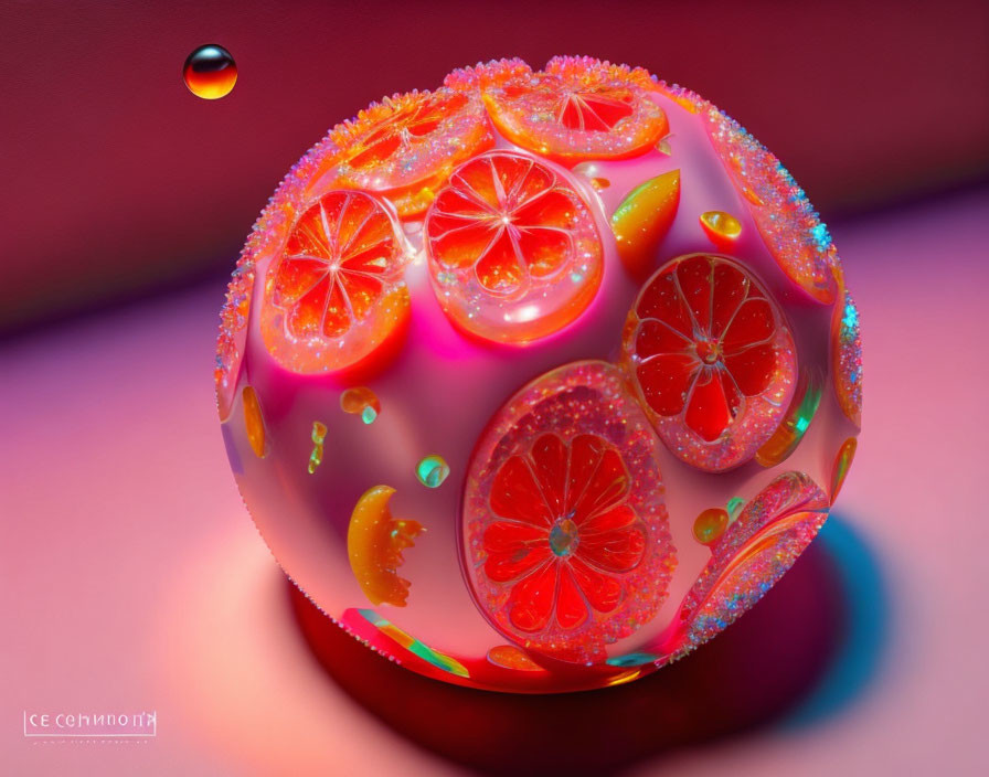 Colorful Citrus-Filled Spherical Object on Shiny Surface