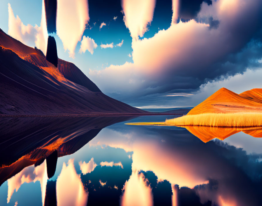 Symmetrical mirrored mountains under dramatic sky on glass-like water