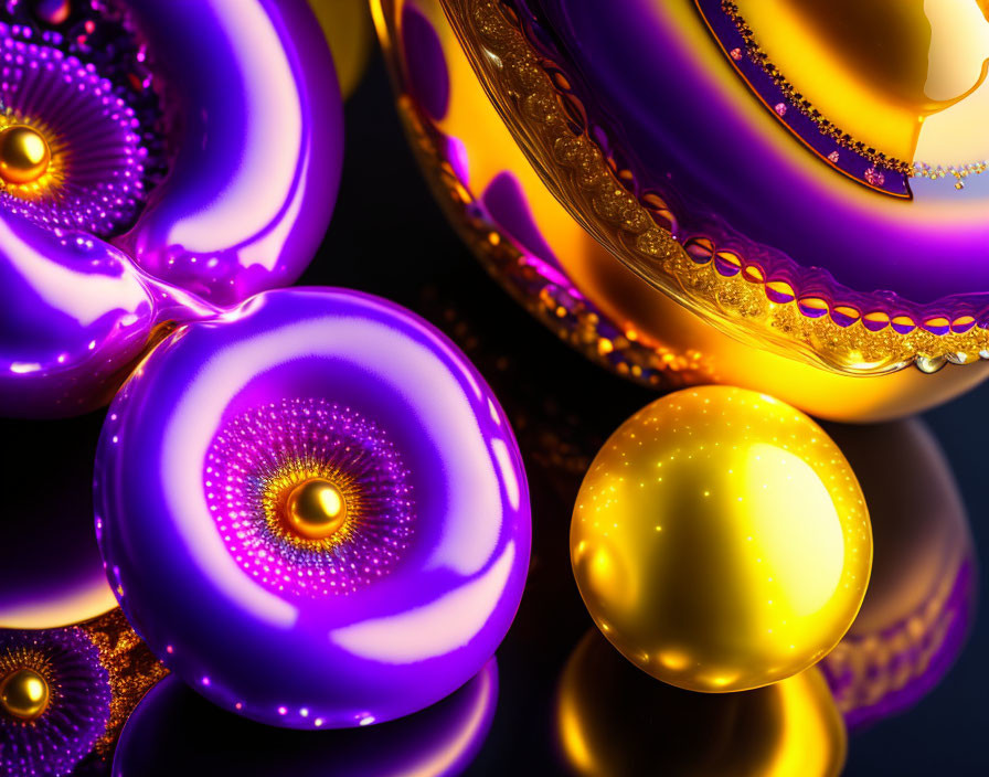 Abstract Art: Glossy Purple Spheres with Golden Accents