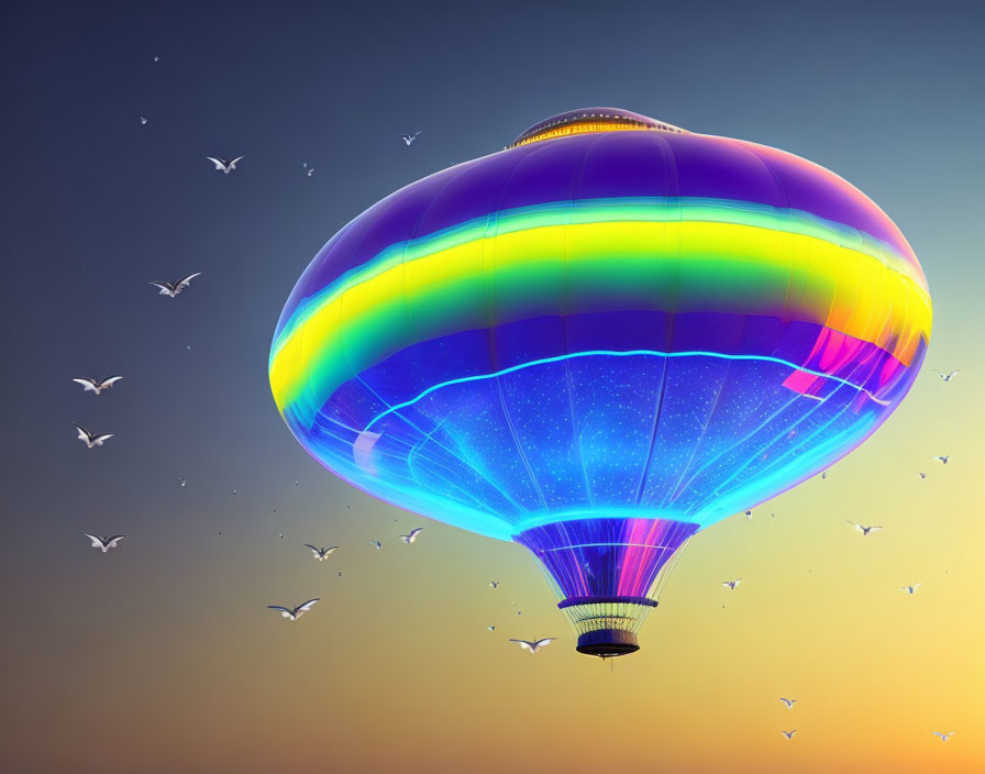 Colorful hot air balloon flies at dusk with birds in gradient sky