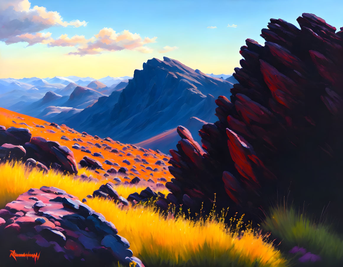 Colorful digital artwork: Sunset over mountain landscape with blue and purple hues.