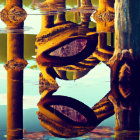 Surreal landscape with classical columns and mirrored water