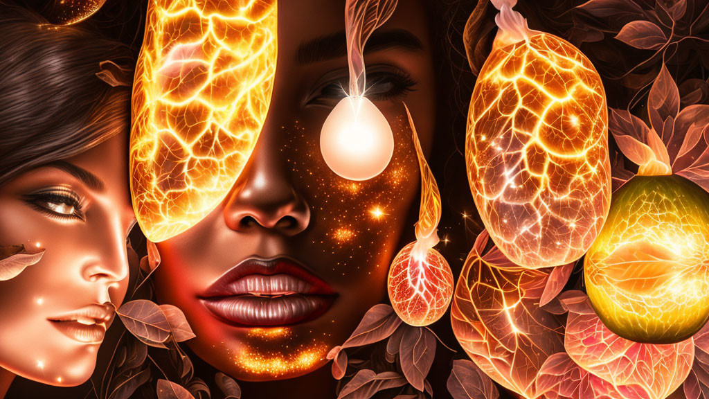 Three women with fiery patterns, glowing fruits, and leaves in digital art.