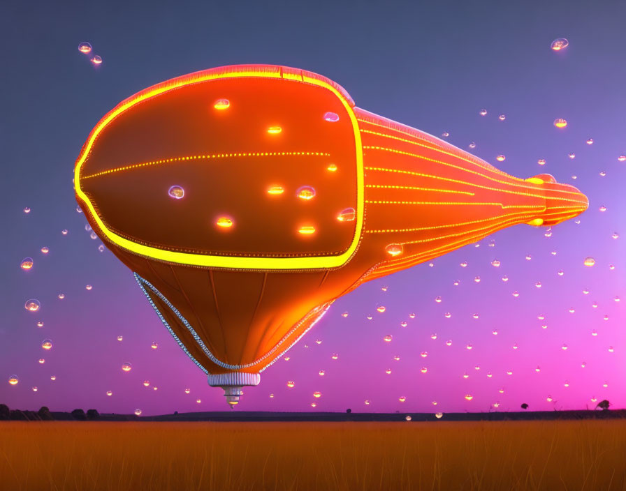 Twilight sky with illuminated orange airship and glowing orbs