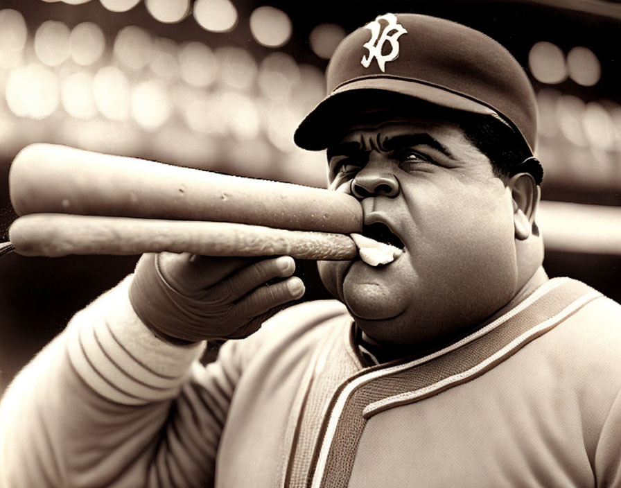 Monochrome vintage image: man in baseball uniform with giant hot dog