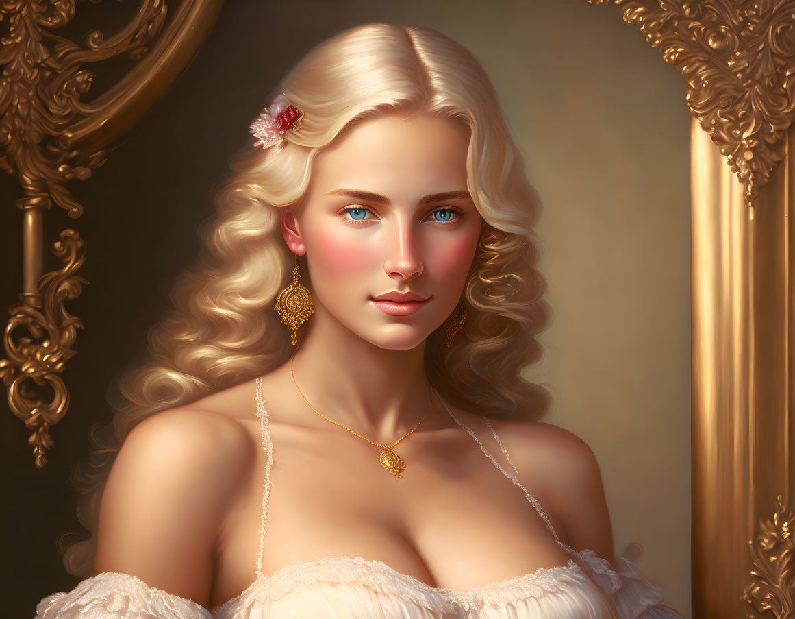 Woman portrait with blonde hair, blue eyes, white dress, and golden accessories.