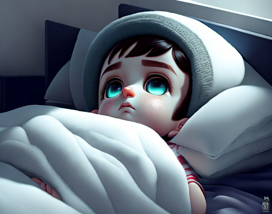 Child in Beanie: Digital Illustration of Child with Large Eyes in Bed