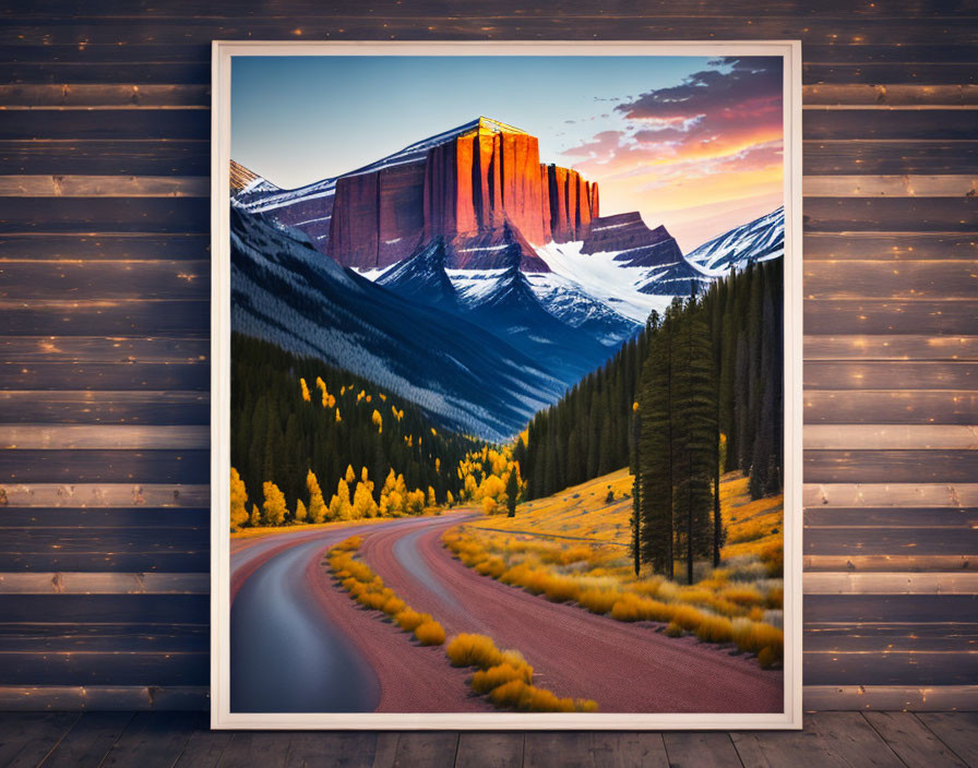 Framed landscape photo of winding road to mountain at sunset on wooden plank wall