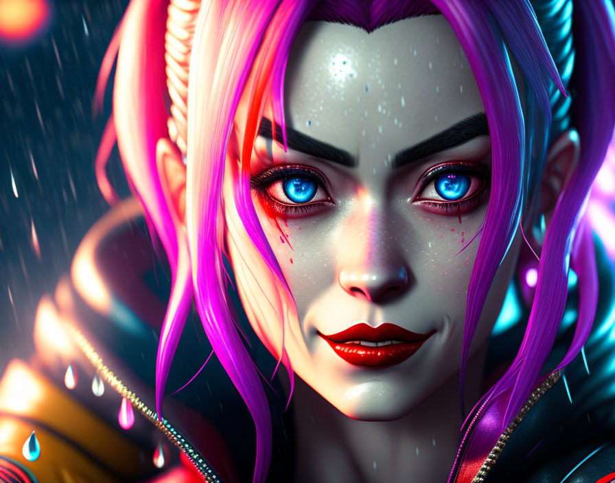 Digital artwork: Female character with blue eyes, pink-purple hair, and a hint of blood under her