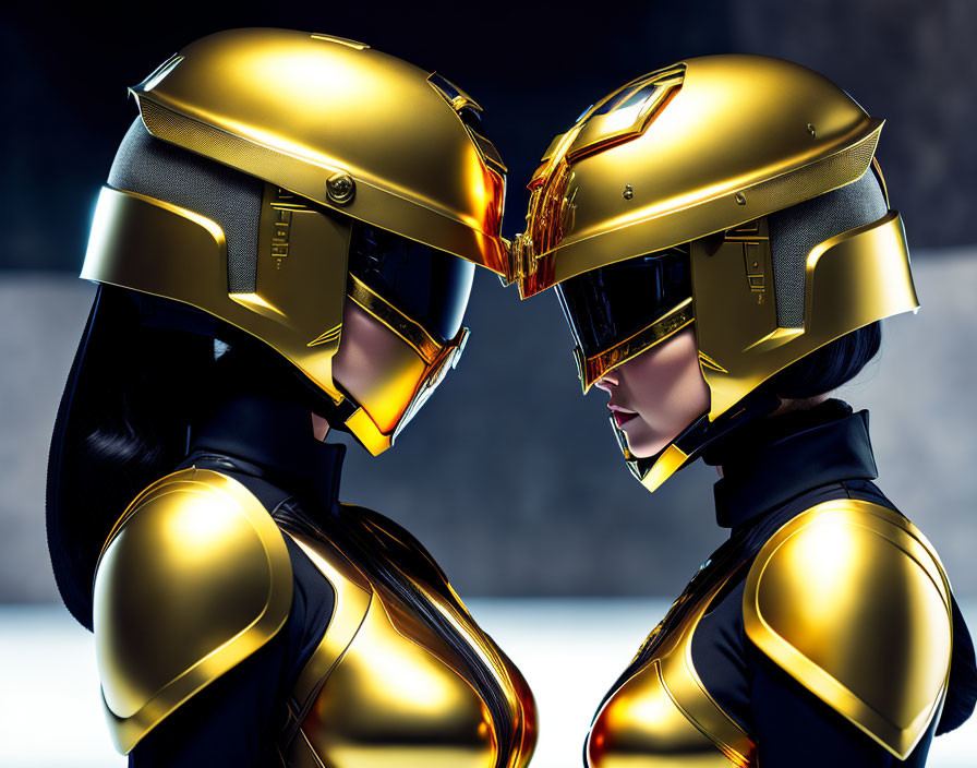 Futuristic gold and black helmeted individuals in close proximity