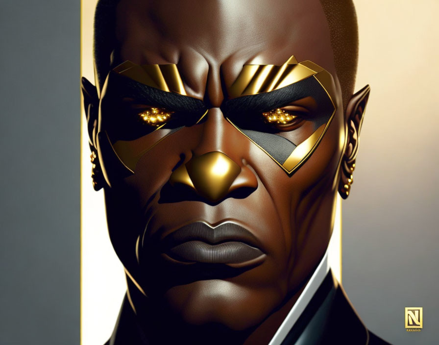 Detailed Black Panther Illustration with Golden Accents on Mask against Two-Tone Background