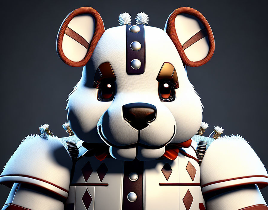 Anthropomorphic bear character in ornate vest with snowflake details and scarf in 3D rendering