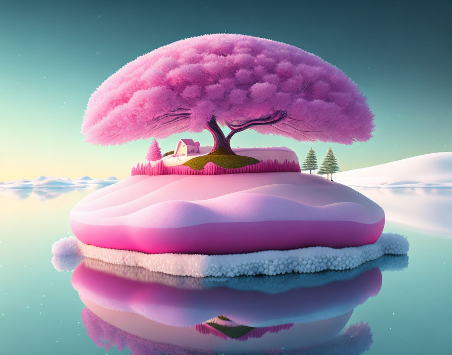 Surreal landscape: Large pink tree on island above reflective water