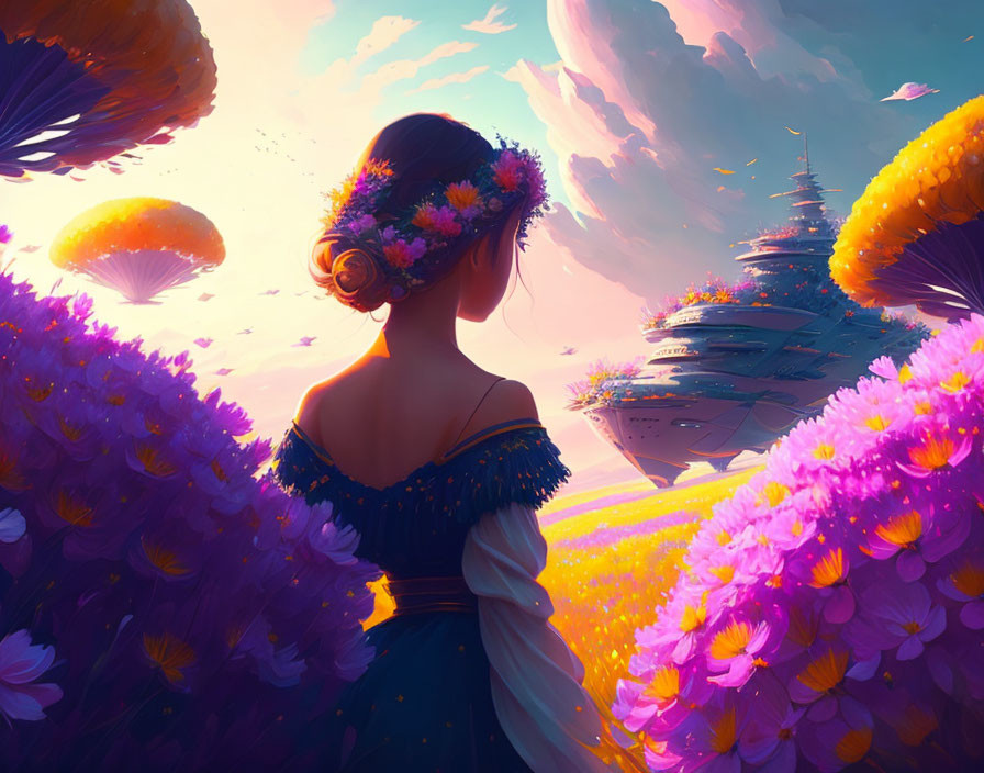 Woman in Blue Dress Surrounded by Flowers and Fantasy Sky