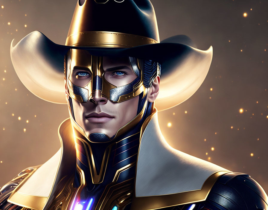 Futuristic cowboy hero illustration with glowing elements and metallic mask