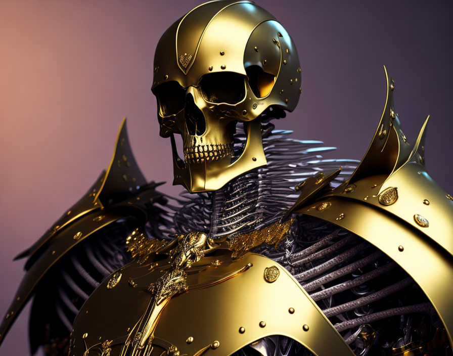 Detailed Golden Skull with Armored Body on Purple Gradient Background