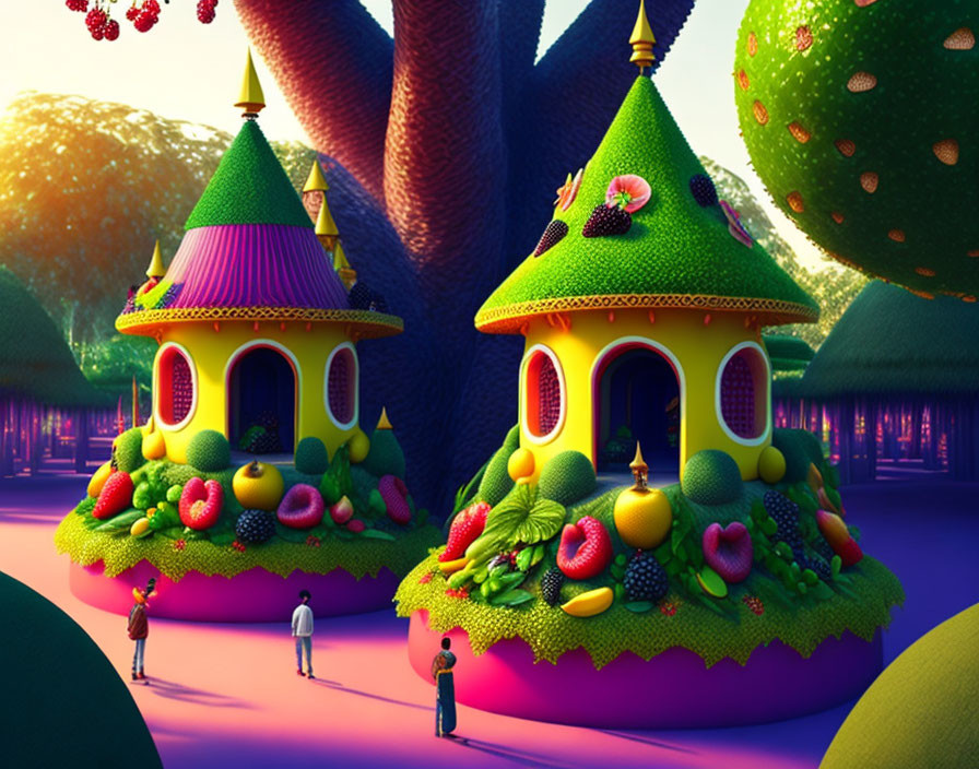 Colorful landscape with fruit-adorned houses and fantastical characters under a purple sky