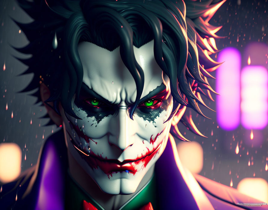 Vibrant Joker portrait with green eyes and clown makeup on dark neon background