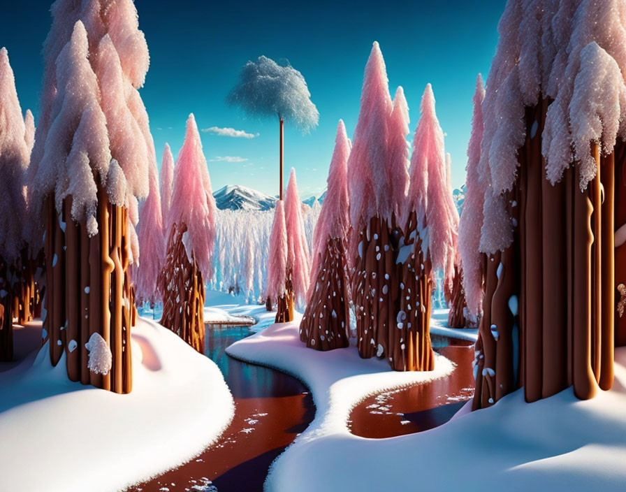 Pink Snow-Capped Trees in Winter Landscape