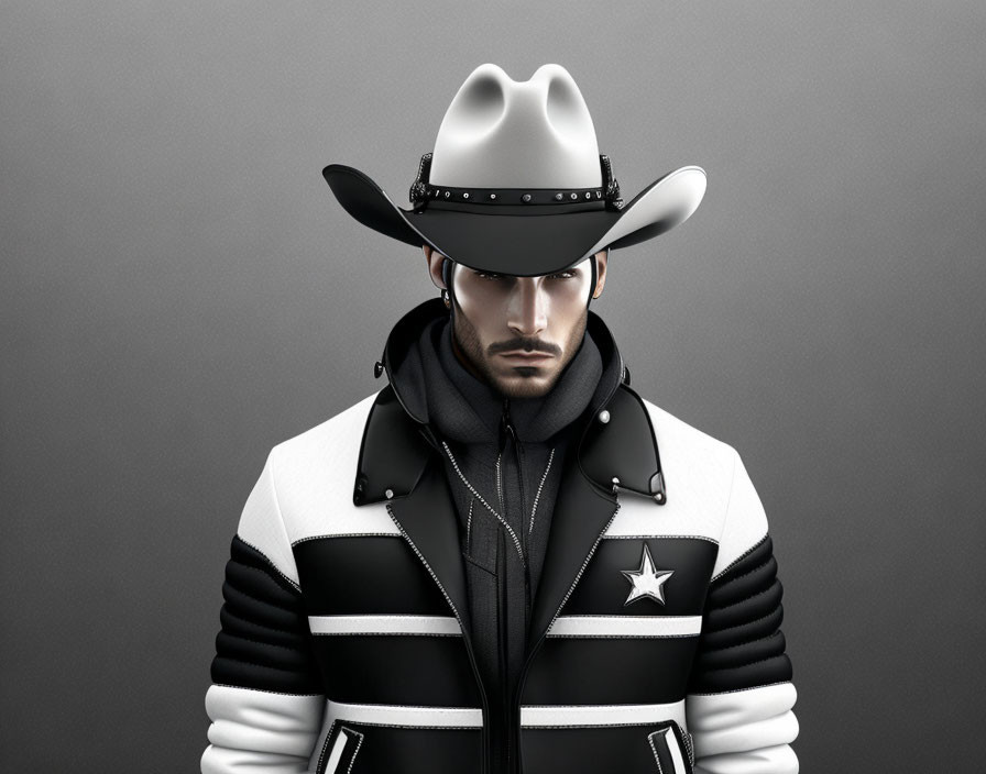 Stylish Man in Black and White Jacket with White Cowboy Hat