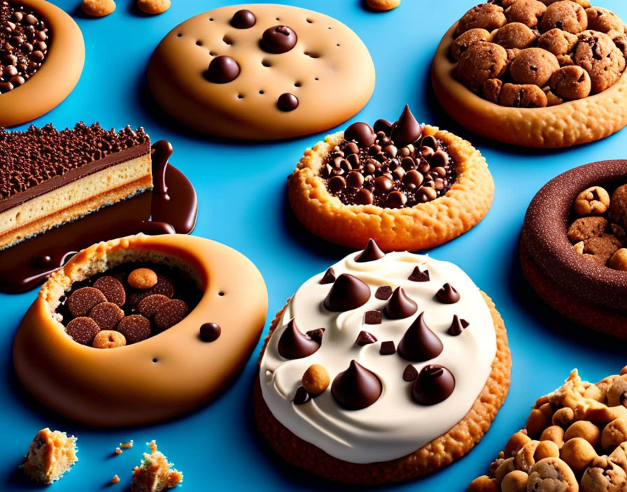 Variety of Cookies and Chocolate Cake Slice on Blue Background