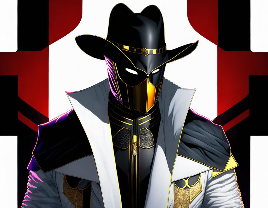 Stylized character in black mask and cowboy hat with modern armored suit and cape on red and white