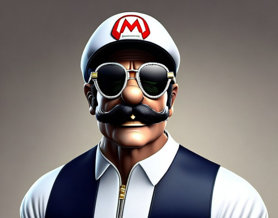 3D render of character with sunglasses, M cap, and mustache