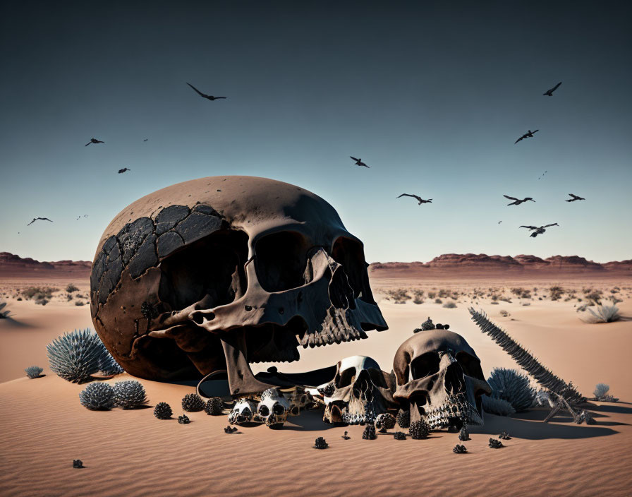 Large human skull surrounded by bones in desert landscape