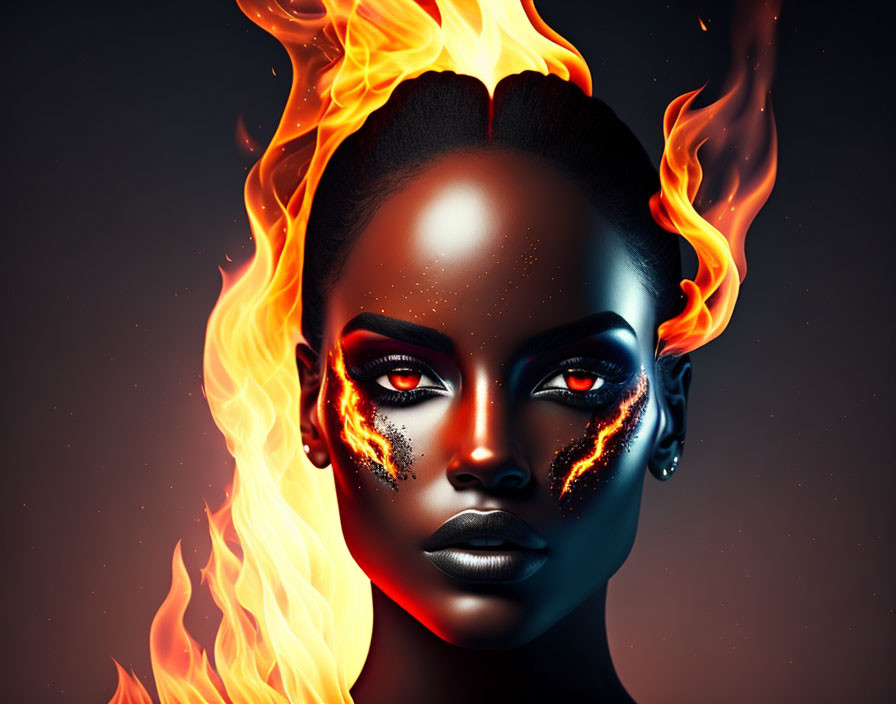 Digital artwork: Woman with dark skin, fiery orange eyes, and flames surrounding her head