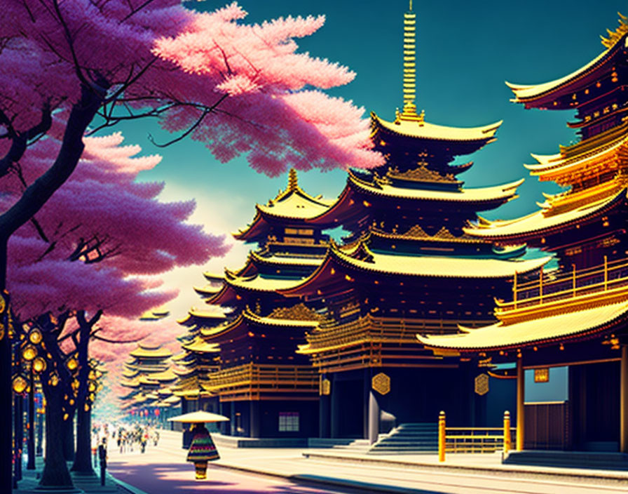 Traditional Japanese street scene with cherry blossoms and pagoda at twilight