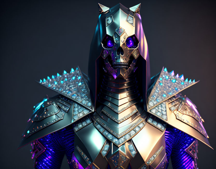 Futuristic knight with skull face in ornate metallic armor