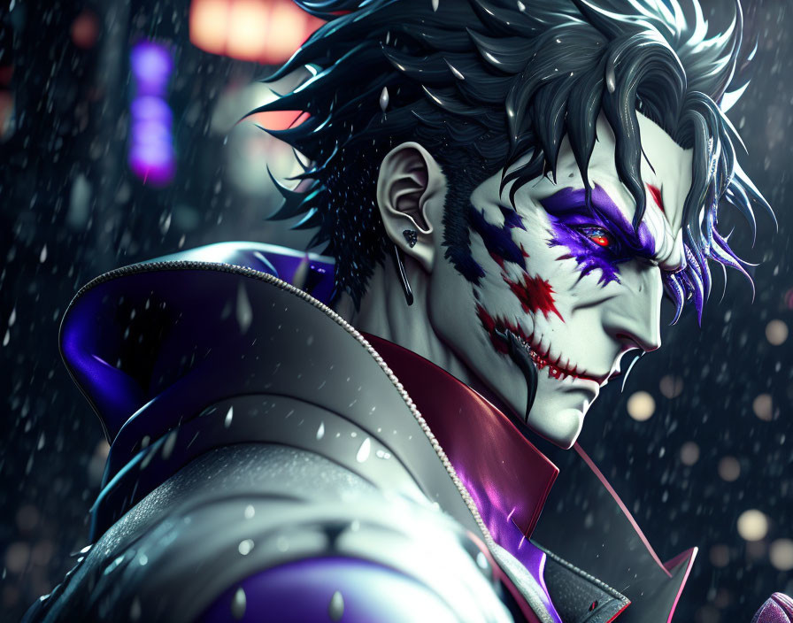 Menacing male figure with scarred face and red eyes in snowy backdrop