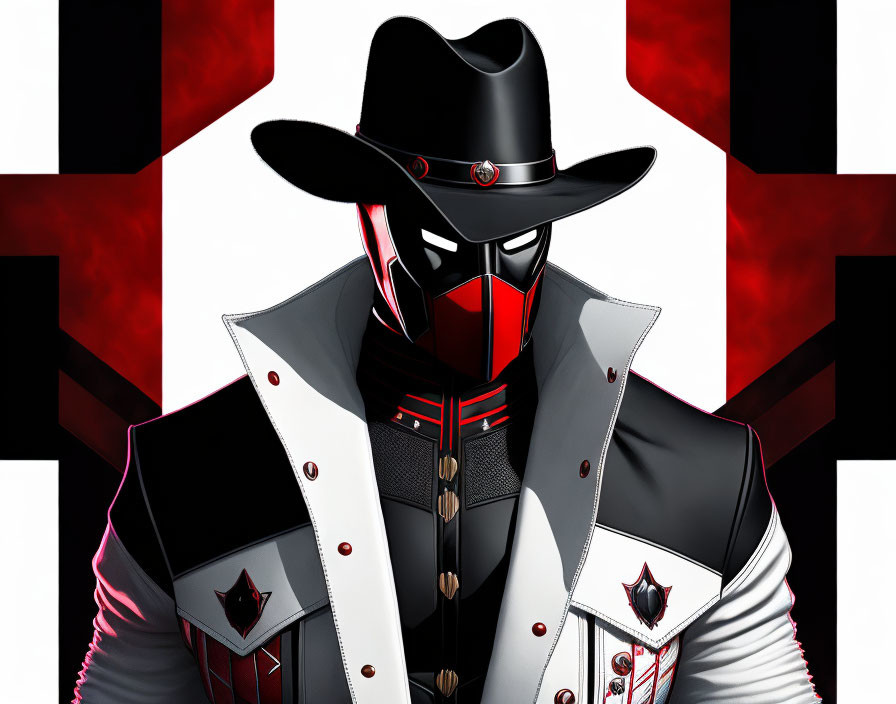 Character with black & red mask, cowboy hat, white jacket on red & white background