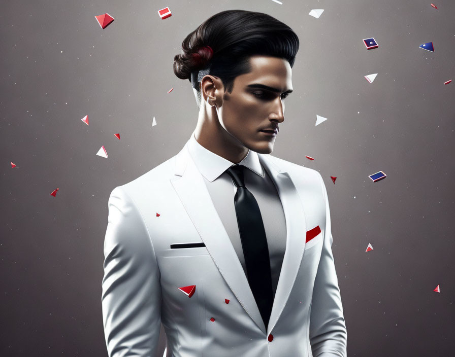 Man in White Suit with Red Accents on Gray Background