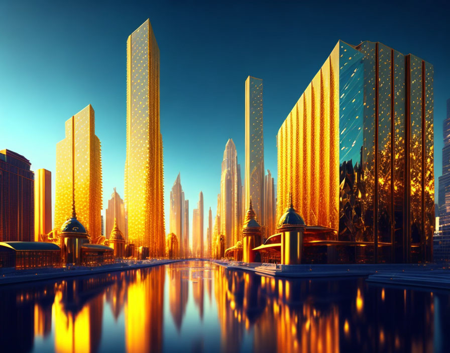 Golden Skyscrapers Reflecting in Water at Sunset