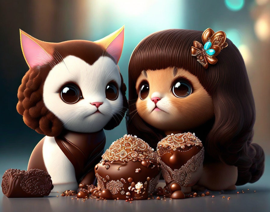 Two cute animated cats with big eyes and bow, surrounded by fancy chocolates